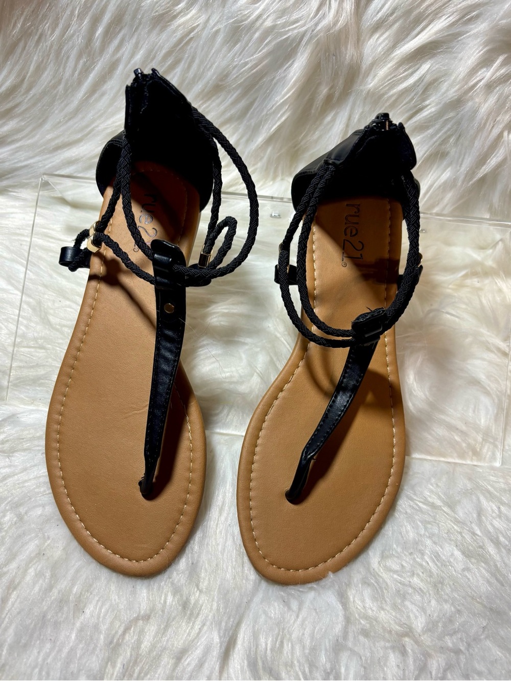 Rue21 Black T-Strap Ankle Wrap Sandals with Tan Footbed